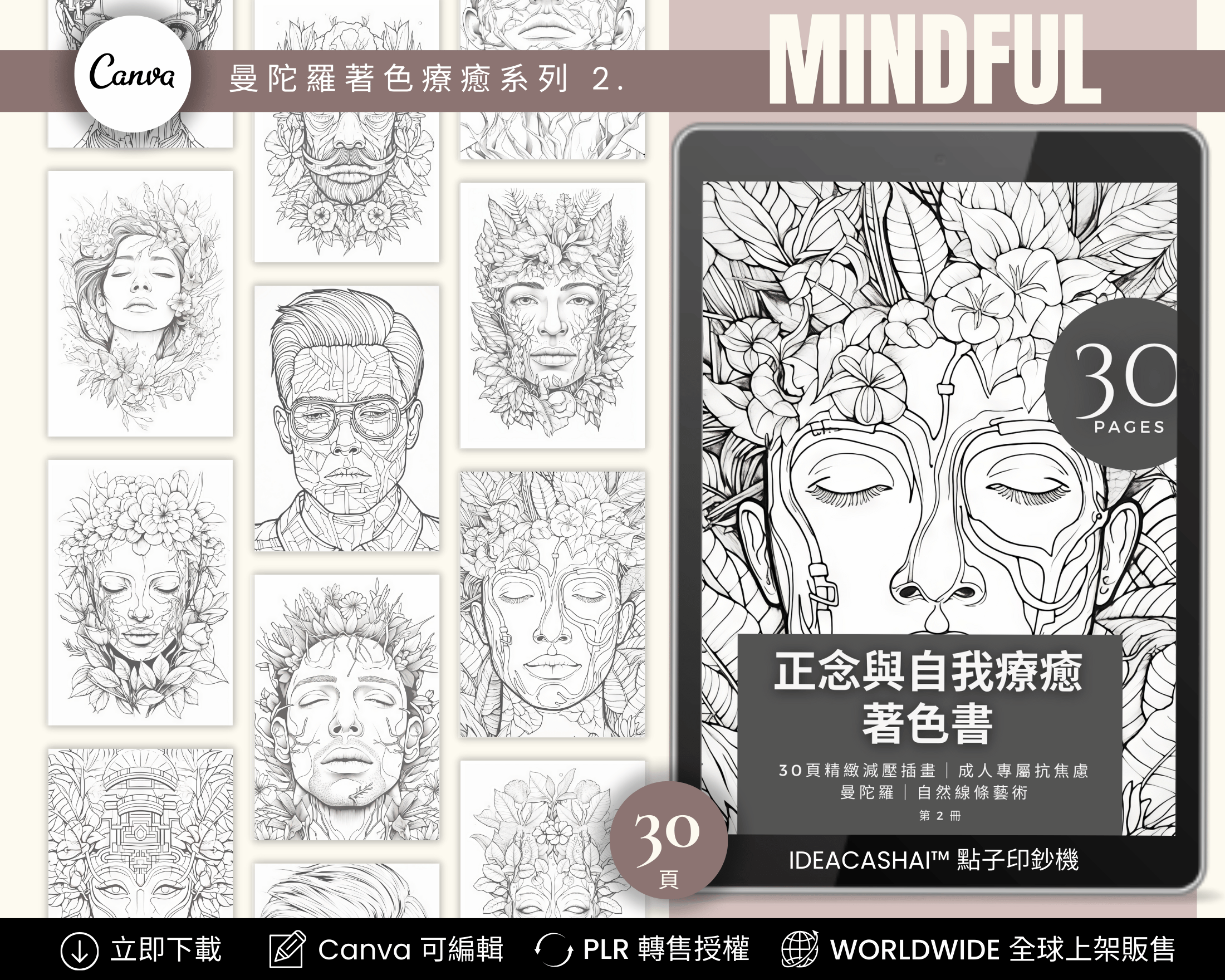 Anti-Anxiety Mindfulness Coloring Books Chinese Edition – 正念與自我療癒著色書 系列二（中文版，30 頁可列印數位著色書，PLR 授權，可編輯與轉售）
