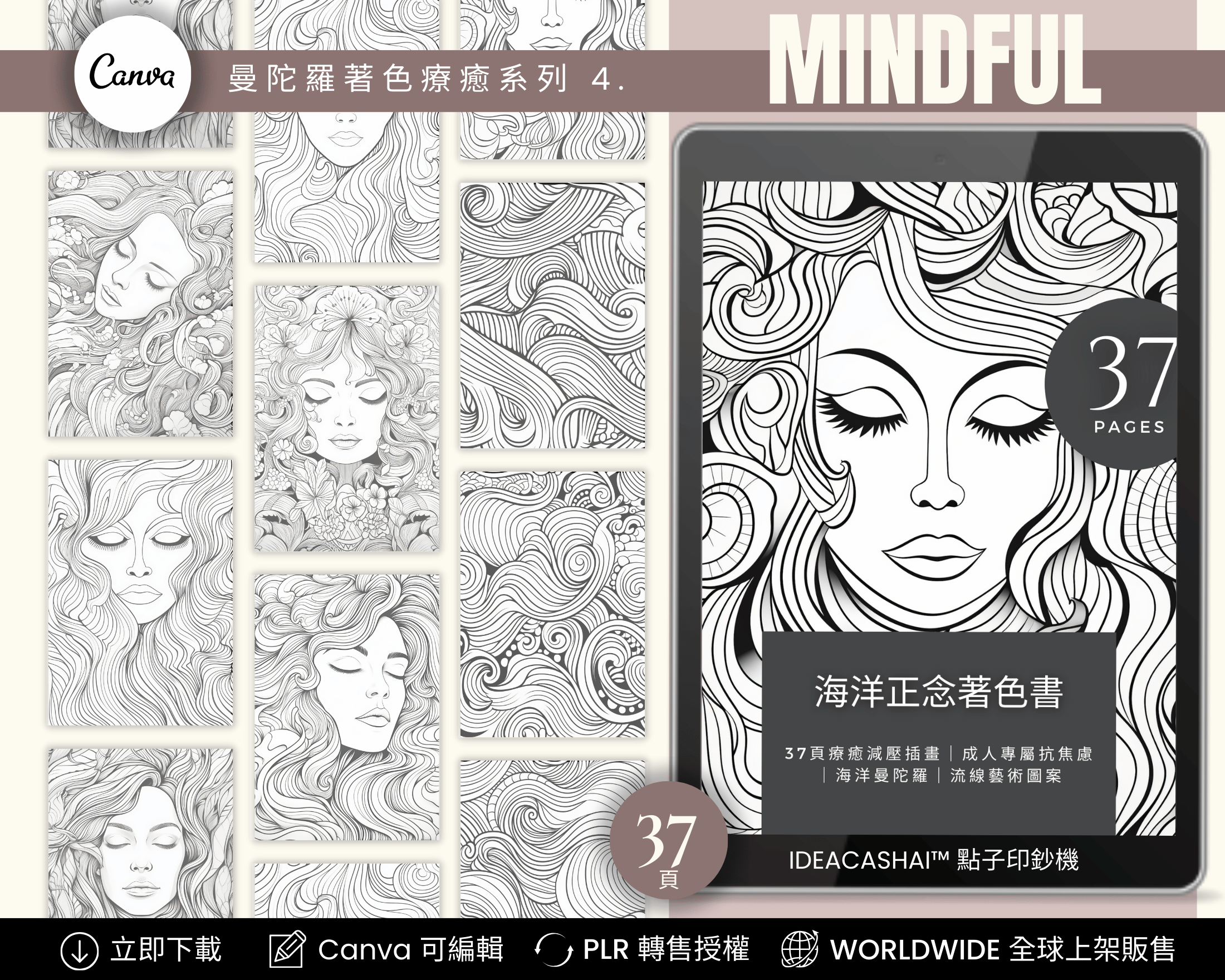 Anti-Anxiety Mindfulness Coloring Books Chinese Edition – 海洋正念著色書 系列四（中文版，37 頁可列印數位著色書，舒緩焦慮，身心療癒，PLR 授權，可編輯與轉售）
