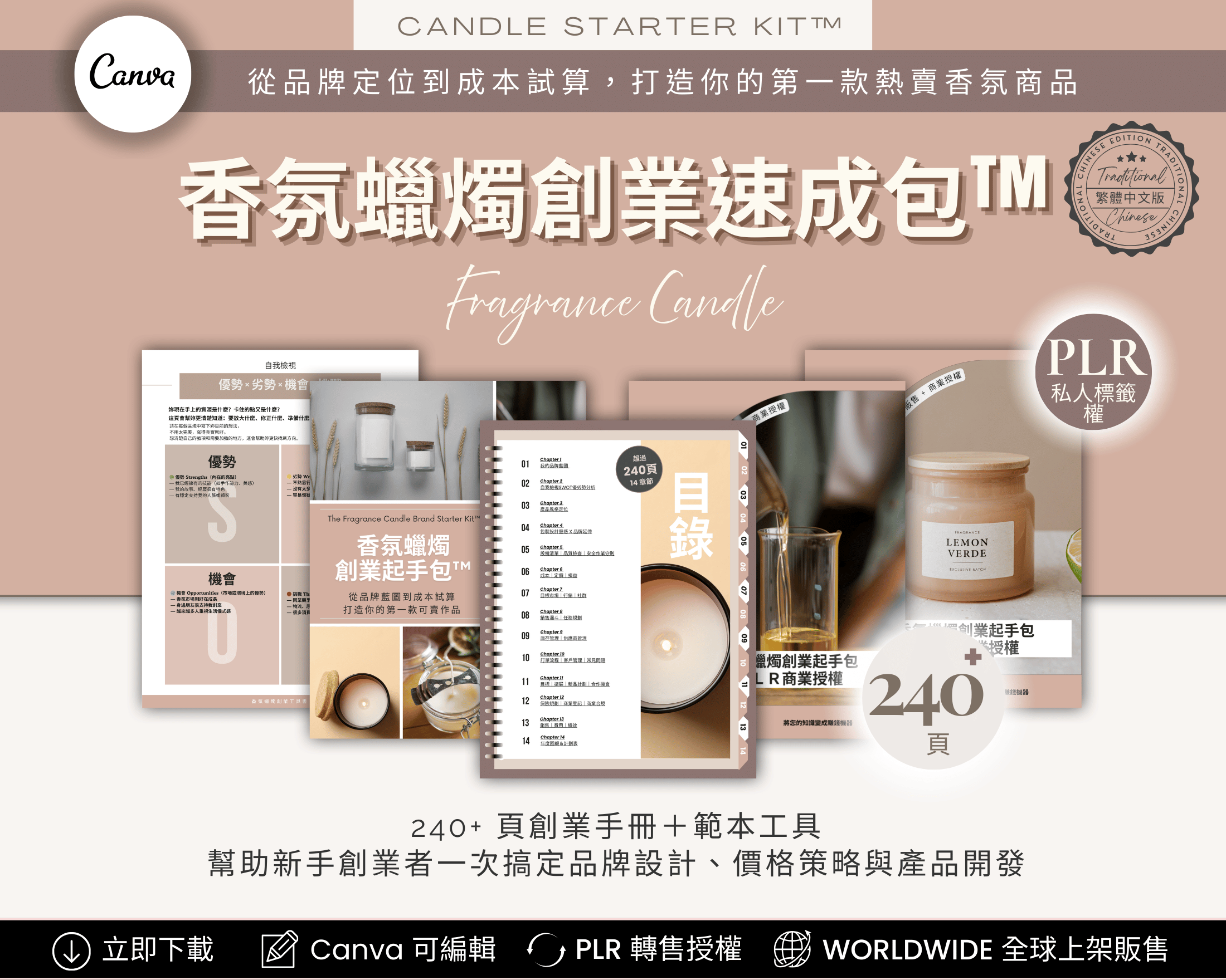 Candle Business Starter Kit Chinese Edition – PLR Canva Templates ｜ 香氛蠟燭創業速成包 繁體中文版 Canva 模板 可轉售