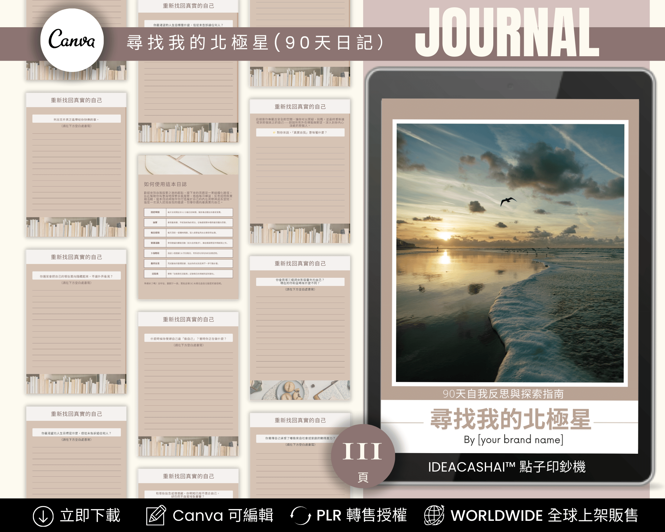 Daily Mindfulness Journals Chinese Edition – 90-Day North Star Journal ｜ 正念與日常實踐系列 中文版 尋找我的北極星 90天日記 111頁 Canva 可編輯模版，含 PLR 授權