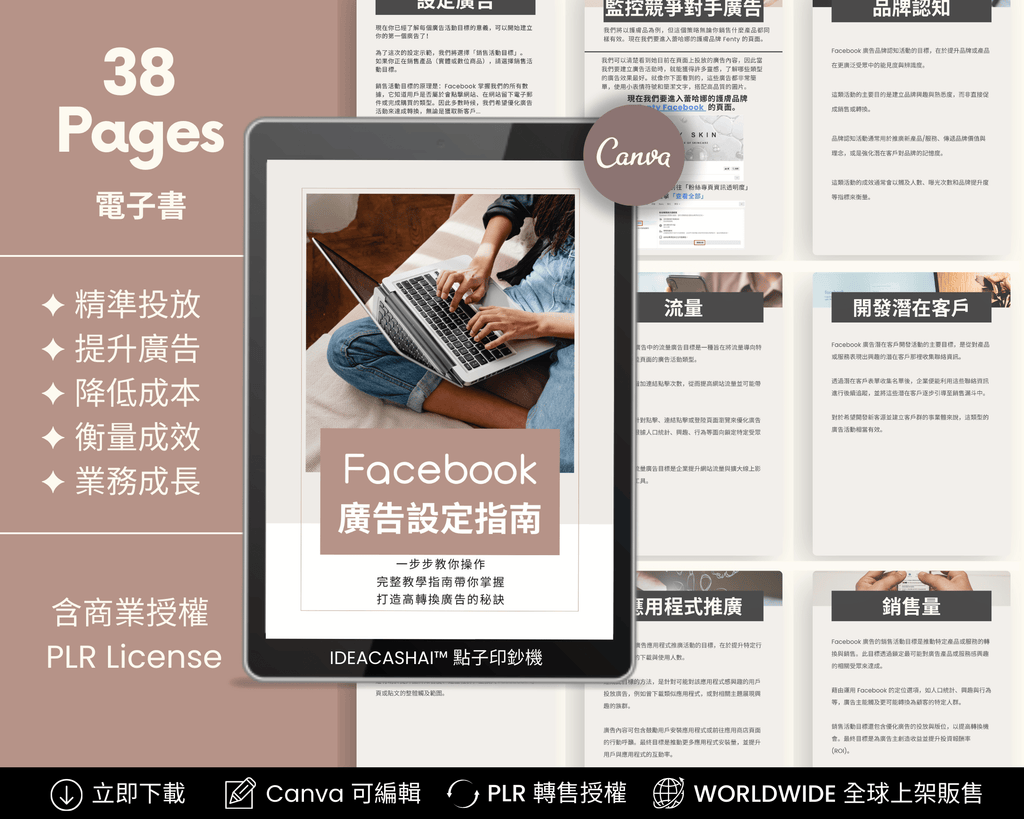 Facebook Ads Guide Chinese Edition – 38-page PLR eBook with Canva editable templates, includes ad targeting, cost reduction, ROI strategies, and growth tips