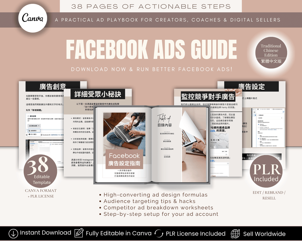 Facebook Ads Guide Chinese Edition – 38-page PLR eBook with Canva editable template for digital product sellers and coaches