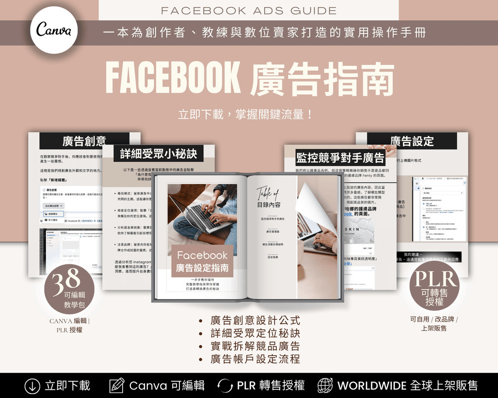 Facebook Ads Guide 繁體中文版 – 38頁可編輯 Canva 模板電子書，含 PLR 授權，適合數位商品創作者與教練