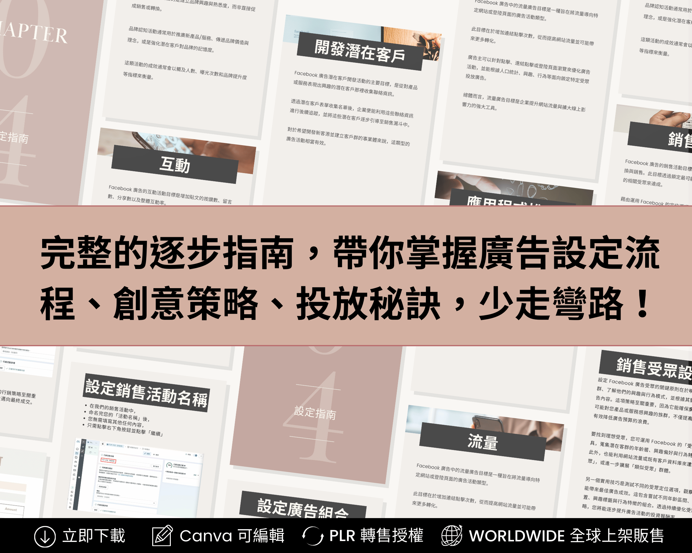 Step-by-step Facebook Ads Guide Chinese Edition – covers ad setup, creative strategy, targeting, and campaign optimization with Canva PLR templates

