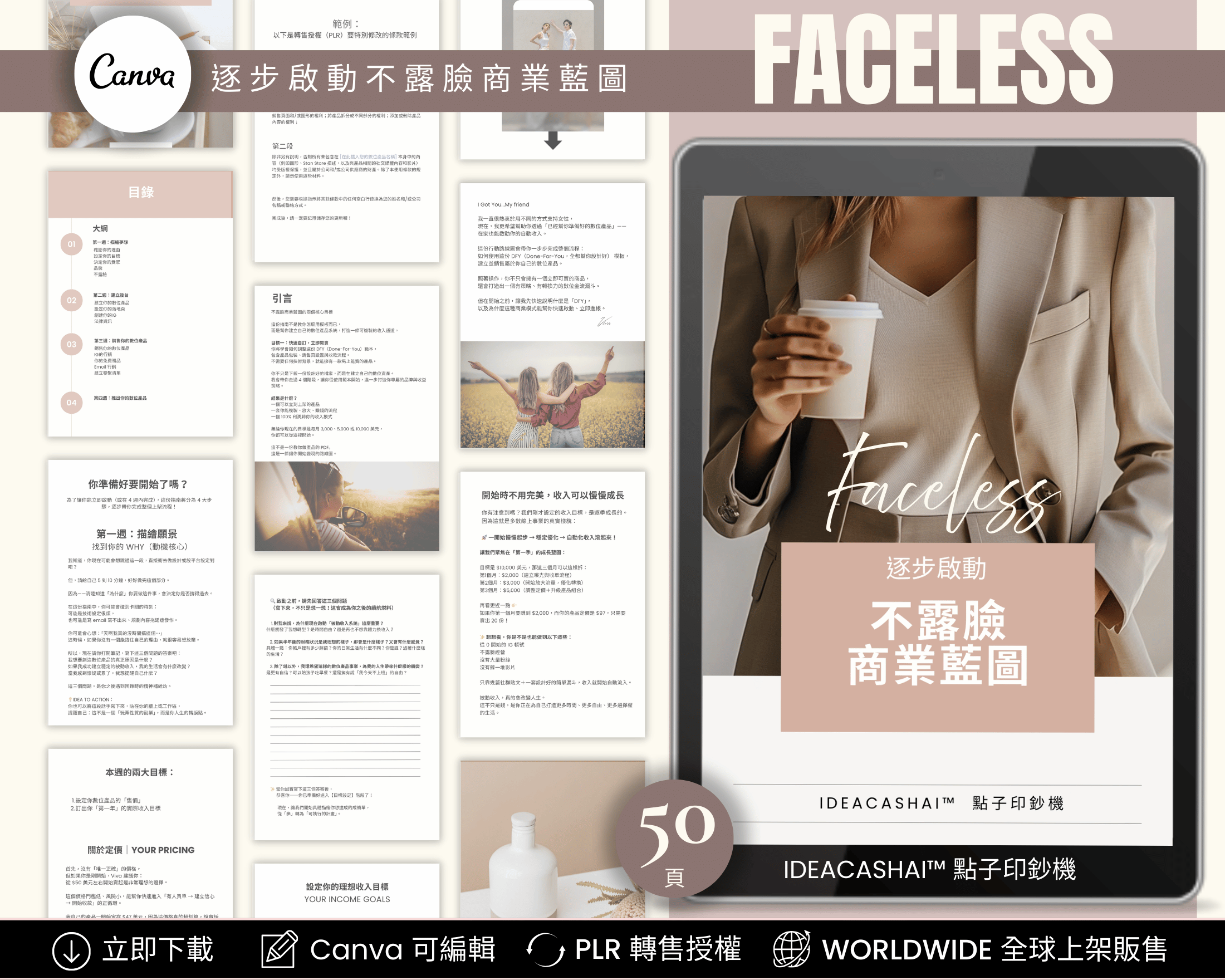 Faceless Monetization Kit Chinese Edition – Step-by-step faceless business blueprint ｜ 不露臉商業藍圖 中文版 50頁 逐步教學可編輯 Canva 模板