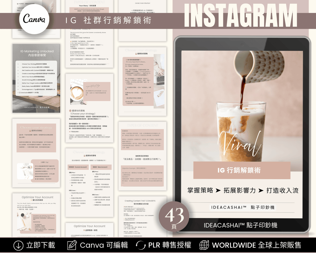 Faceless Monetization Kit Chinese Edition – Instagram Marketing Unlock with 43 editable templates ｜ IG 社群行銷解鎖術 中文版 含43頁可編輯行銷範本
