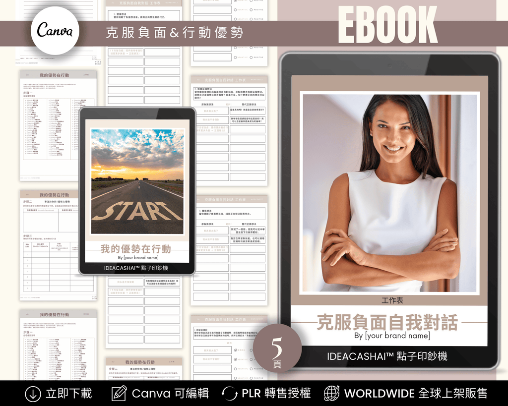 Self-Discovery & Personal Growth Worksheets Chinese Edition – Overcoming Negative Self-Talk & Action Plan ｜ 自我探索與自我實現 中文版《克服負面自我對話＆行動優勢表》可編輯 Canva 模板