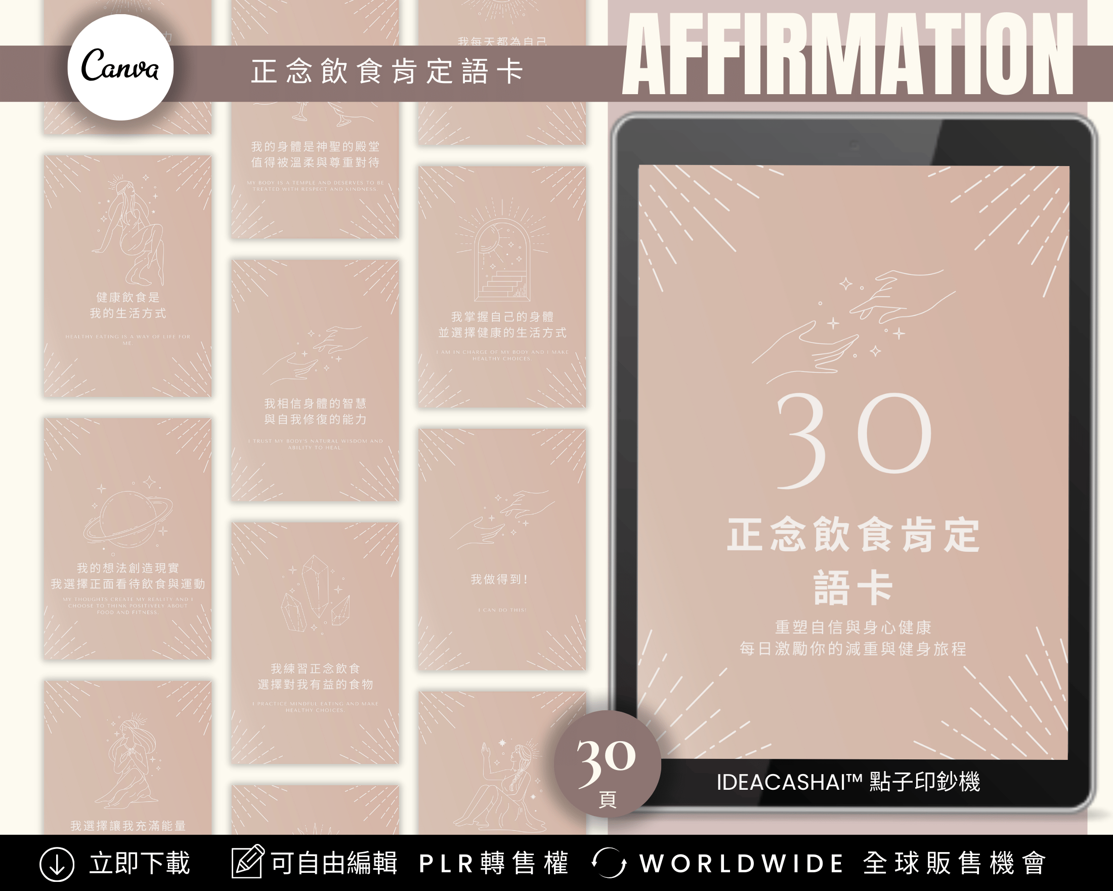 30 Positive Affirmations for Mindset & Growth – Self-Healing Affirmation Cards Chinese Edition, editable Canva affirmation templates with PLR
