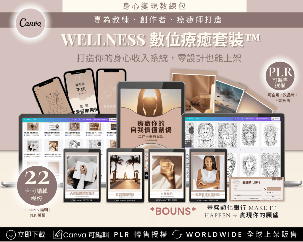 Wellness Monetization Kit Chinese Edition – coaching and self-discovery journal templates, editable Canva files with PLR rights for wellness creators and healers