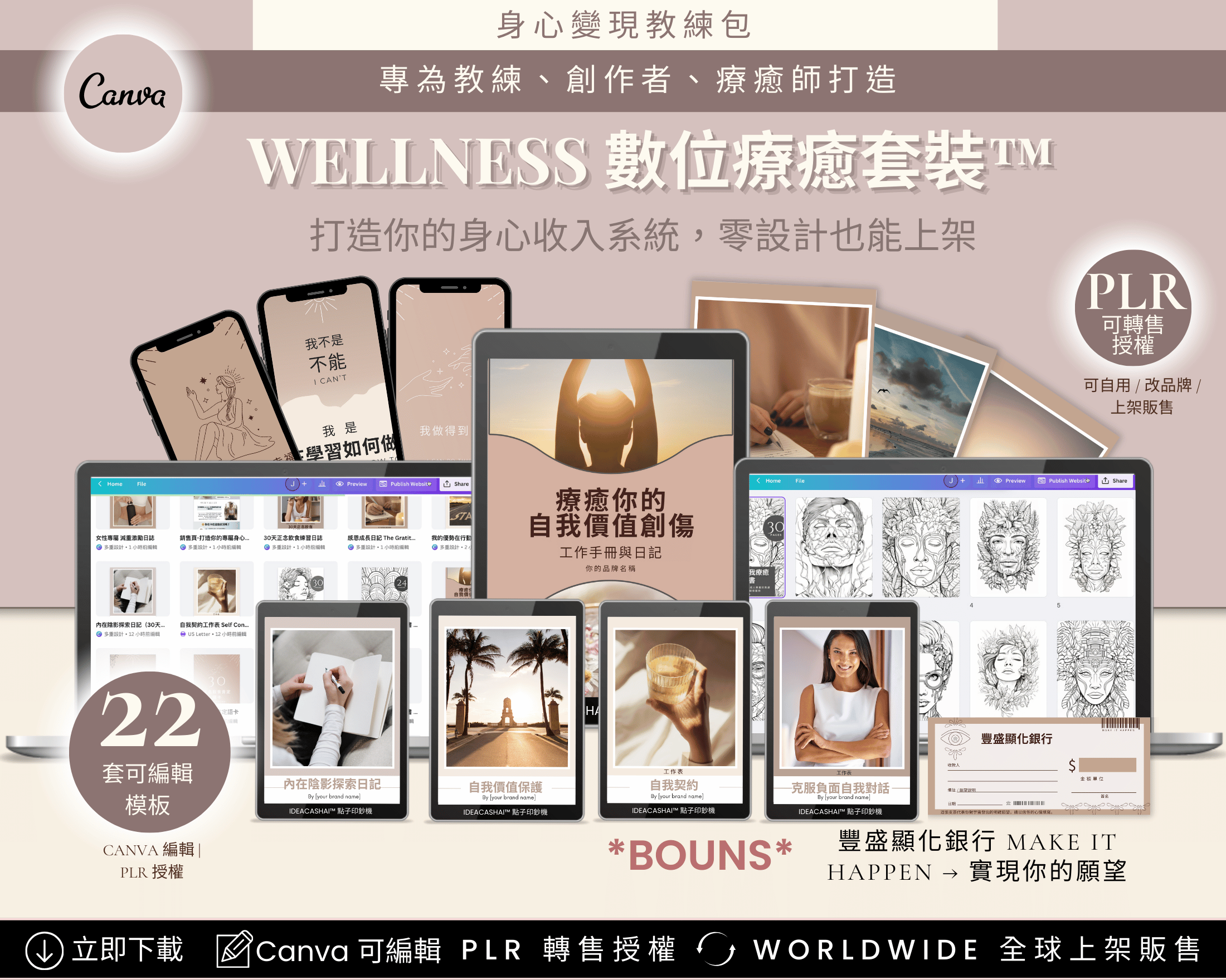 Wellness Monetization Kit Chinese Edition – coaching and self-discovery journal templates, editable Canva files with PLR rights for wellness creators and healers
