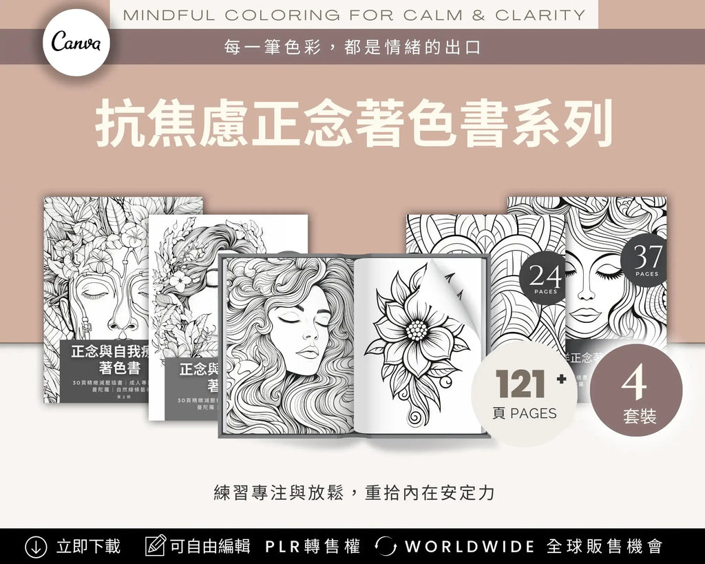 Wellness Monetization Kit Chinese Edition – mindful coloring books for calm and clarity, 4 sets with 121+ pages, printable digital coloring book templates with PLR license