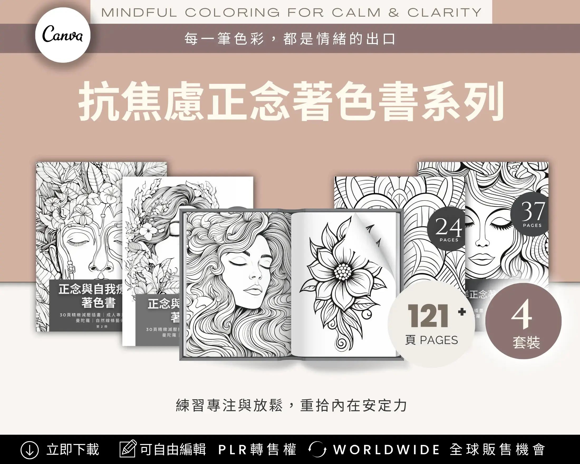 Wellness Monetization Kit Chinese Edition – mindful coloring books for calm and clarity, 4 sets with 121+ pages, printable digital coloring book templates with PLR license