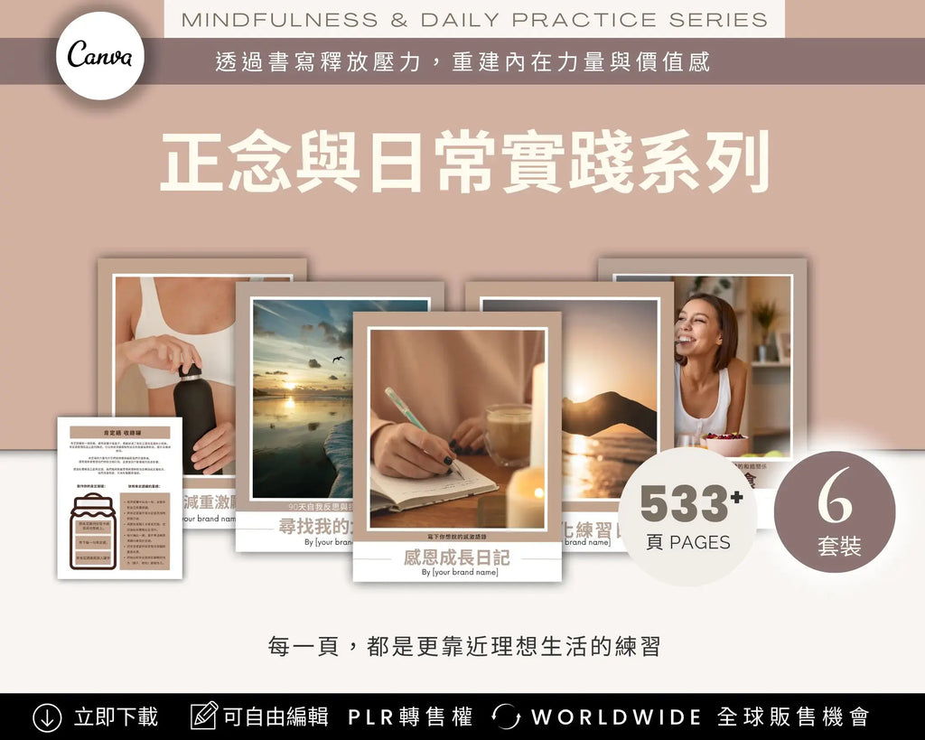 Wellness Monetization Kit Chinese Edition – mindfulness and daily practice journals, 6 sets with 533 pages, editable Canva templates + PLR license for wellness coaches and creators